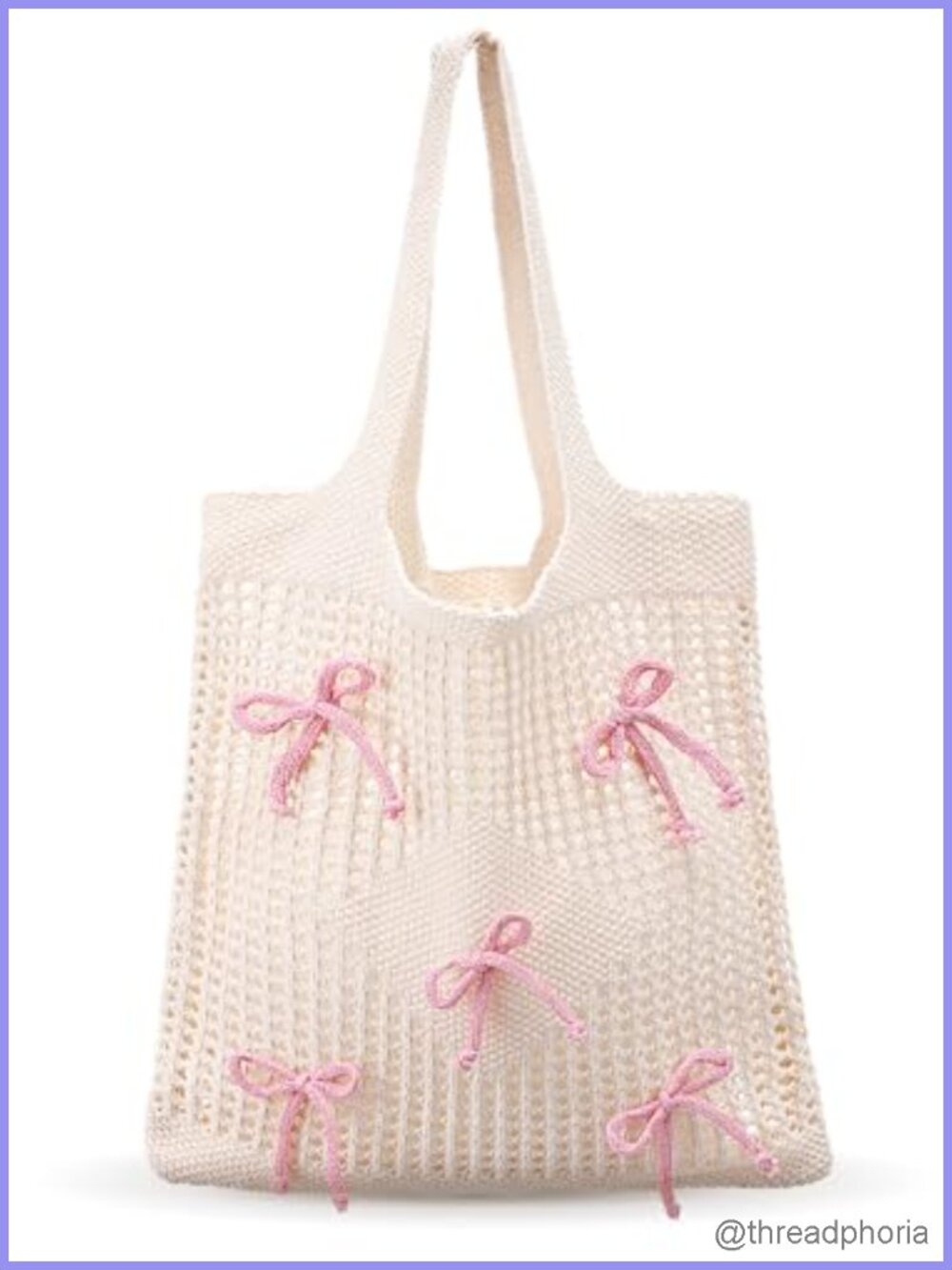 Crochet Mesh Tote Bag Pink Bow Handle Women Beach Summer Purse